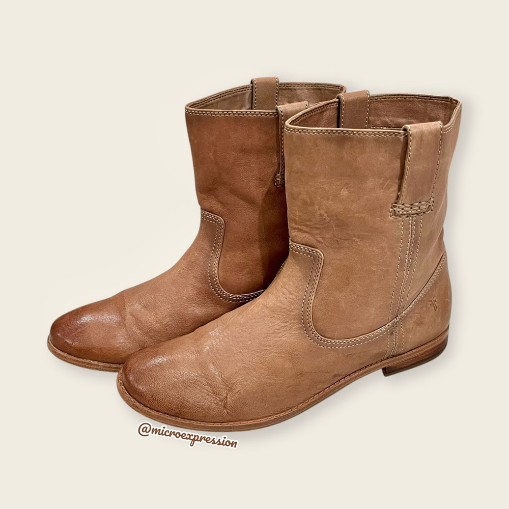 Frye Anna Short Light Tan Leather Pull On Comfy Casual Low Heel Ankle Booties - Picture 9 of 12
